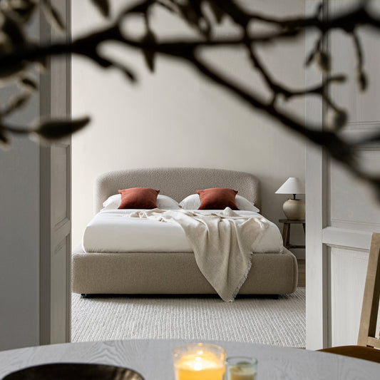 Constance Winged Headboard Ottoman Bed with Storage, Light Taupe Boucle