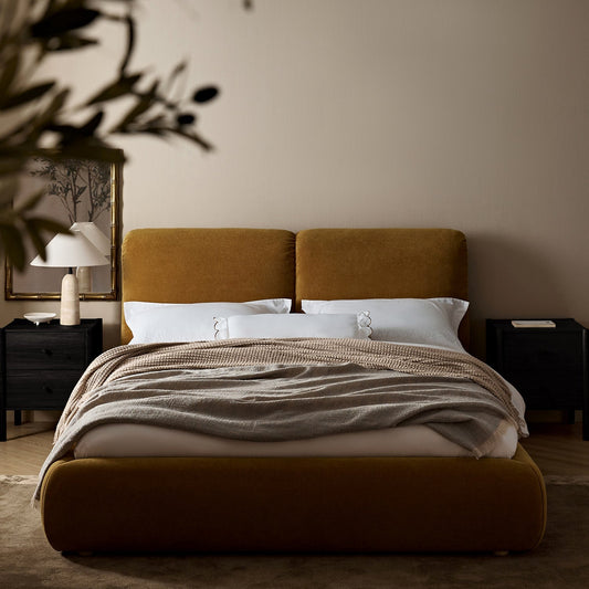 Thera Pillow Headboard Upholstered Bed, Burnt Ochre Chenille