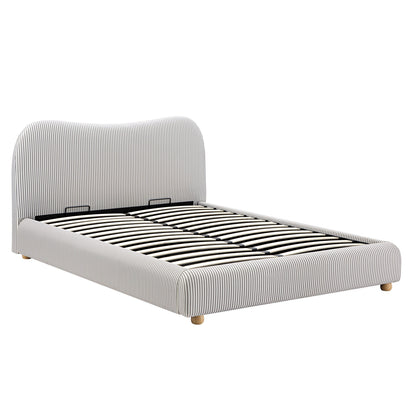 Egerie Curved Headboard Light Taupe Striped Fabric Ottoman Bed with Storage