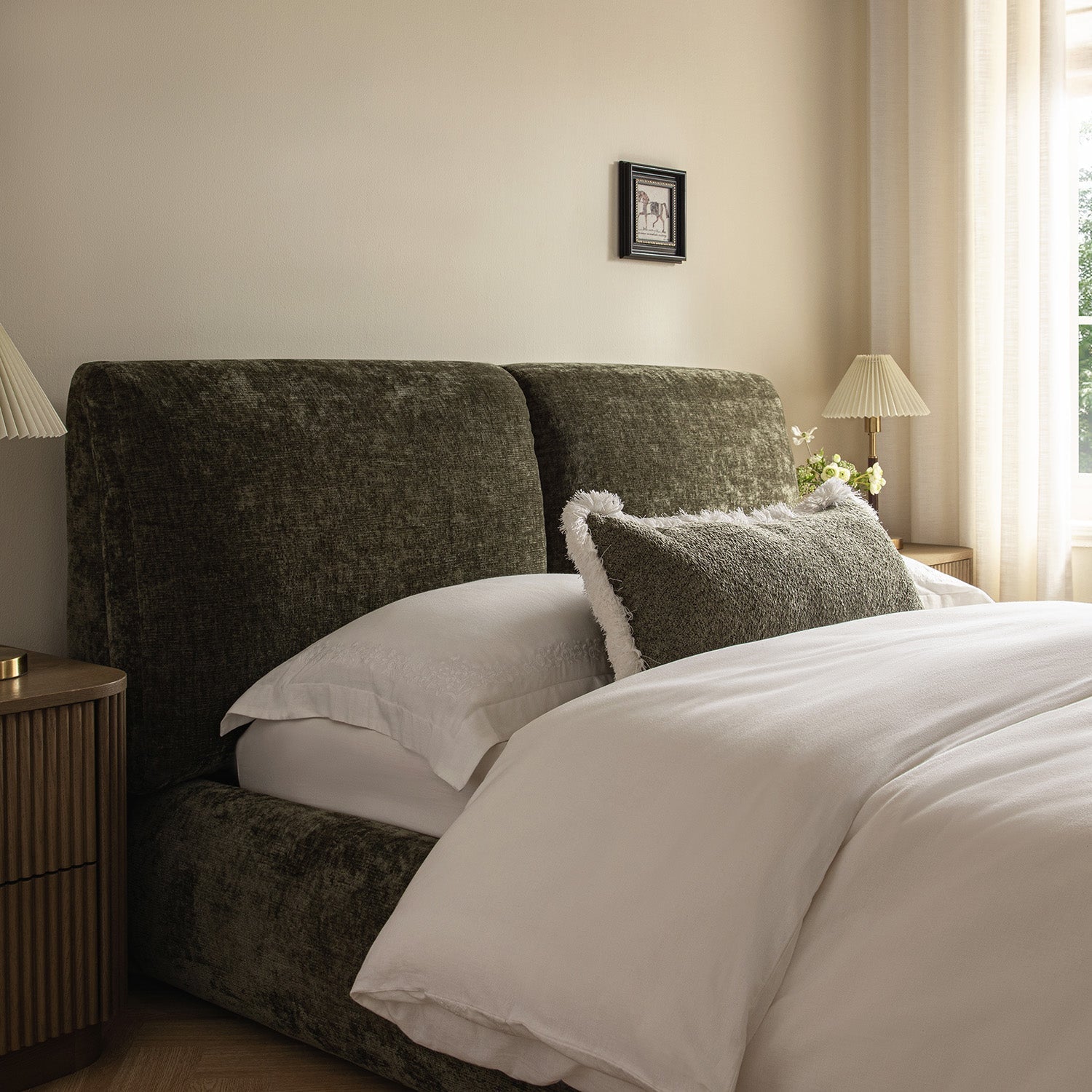 Thera Pillow Headboard Upholstered Bed, Moss Green Chenille