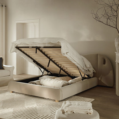 Egerie Extended Headboard Ottoman Bed with Storage, Champagne Velvet