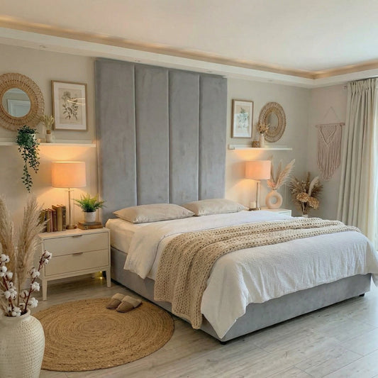 Modern Upholstered Bed with Tall Panel Headboard