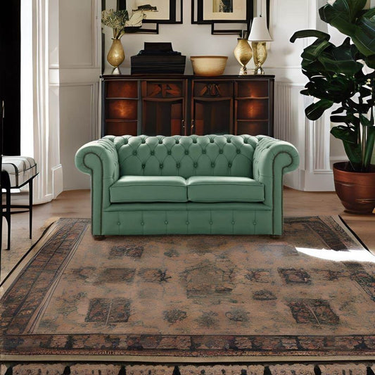 Chesterfield 2 Seater Shelly Lichen Leather Sofa Settee – view 2