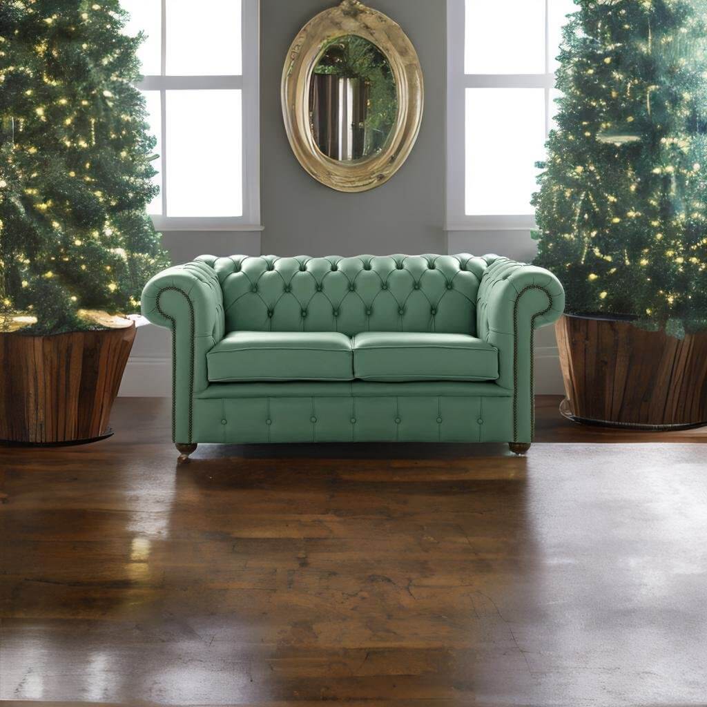 Chesterfield 2 Seater Shelly Lichen Leather Sofa Settee – view 3