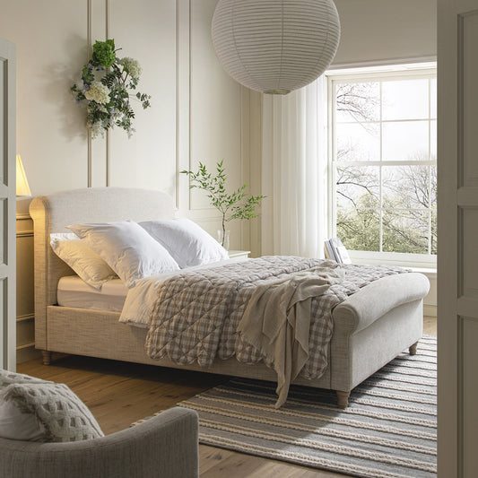 Porchester Ottoman Bed with Storage, Sleigh, Oatmeal Woven Textured Fabric