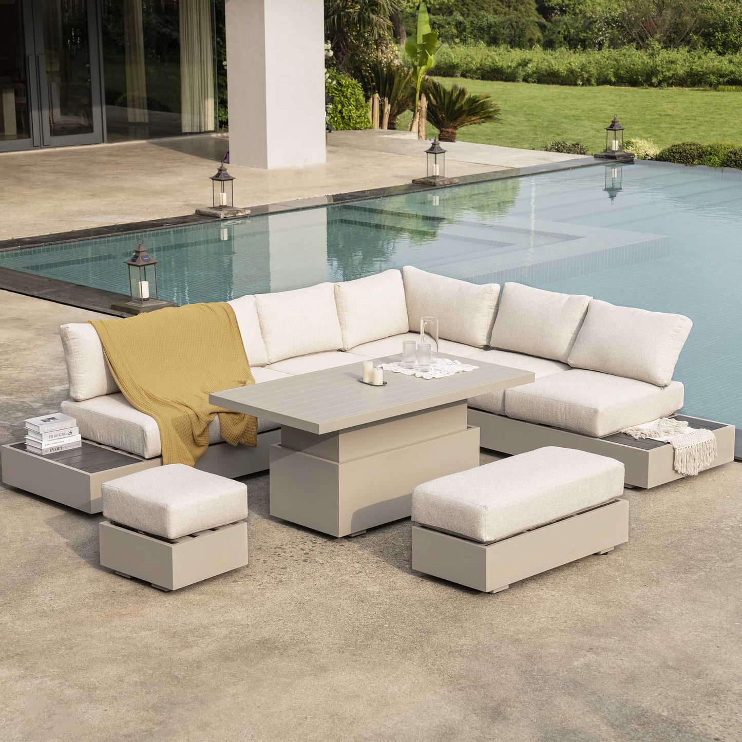 Jardin Aluminium Large Corner Casual Garden Dining Set with Rising Table, Pumice