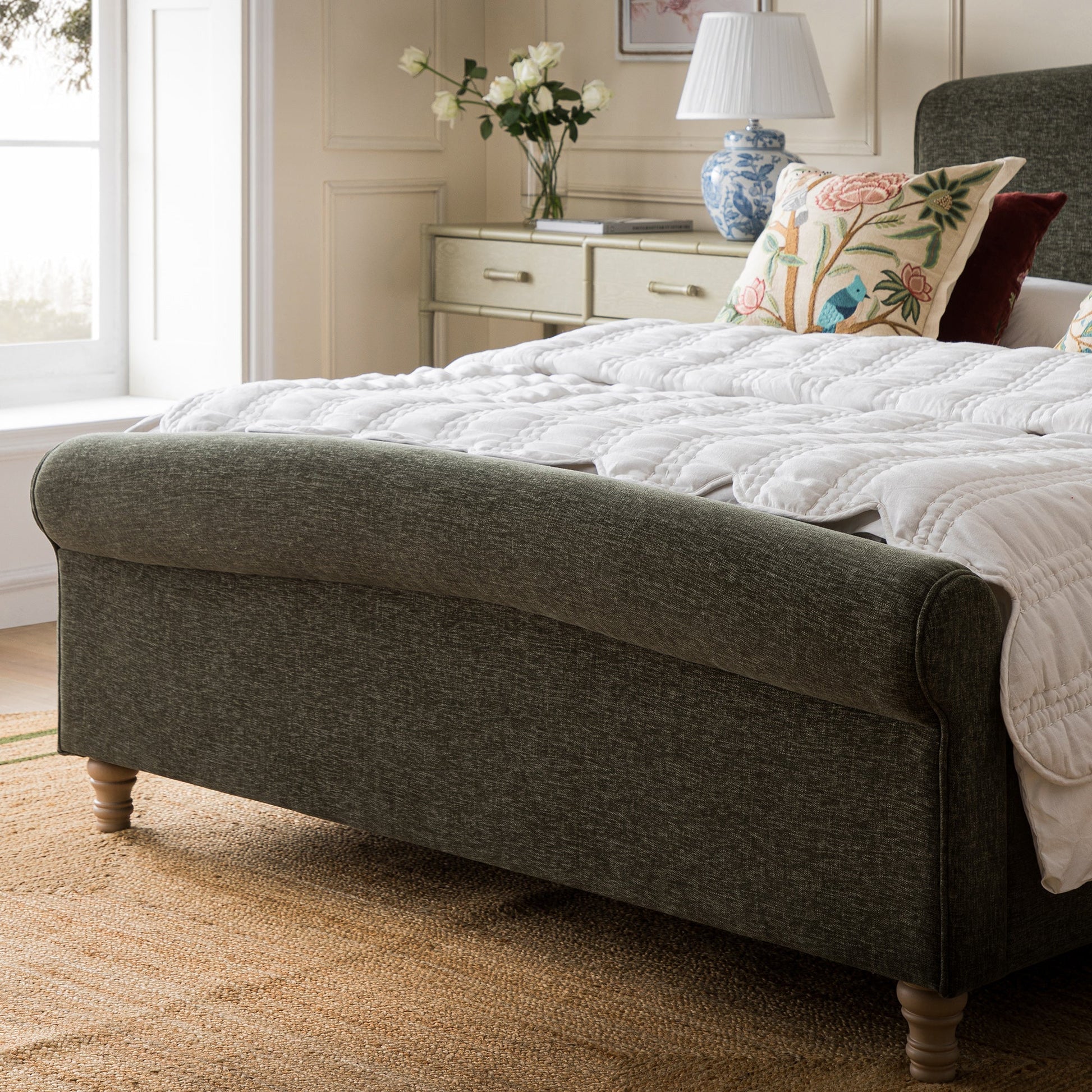 Porchester Ottoman Bed with Storage, Sleigh, Forest Green Chenille
