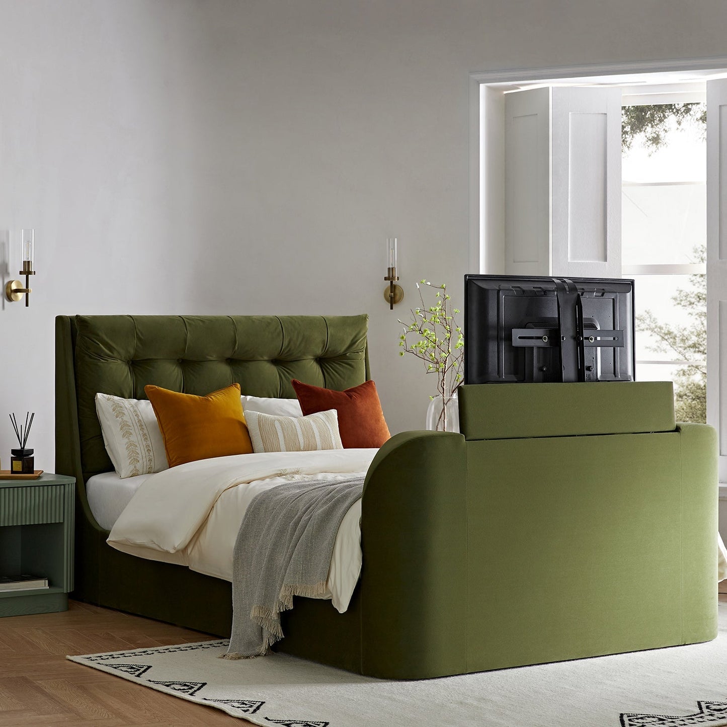 Hadley Moss Green Velvet TV Bed with Ottoman Storage
