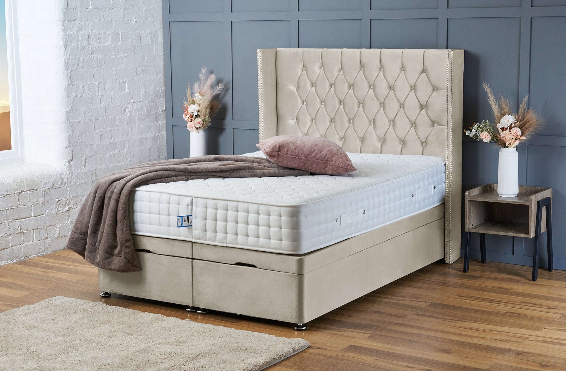 Olivia Hotel Ottoman Bed with Tall Floor Standing Headboard – Gas Lift – Cream Plush