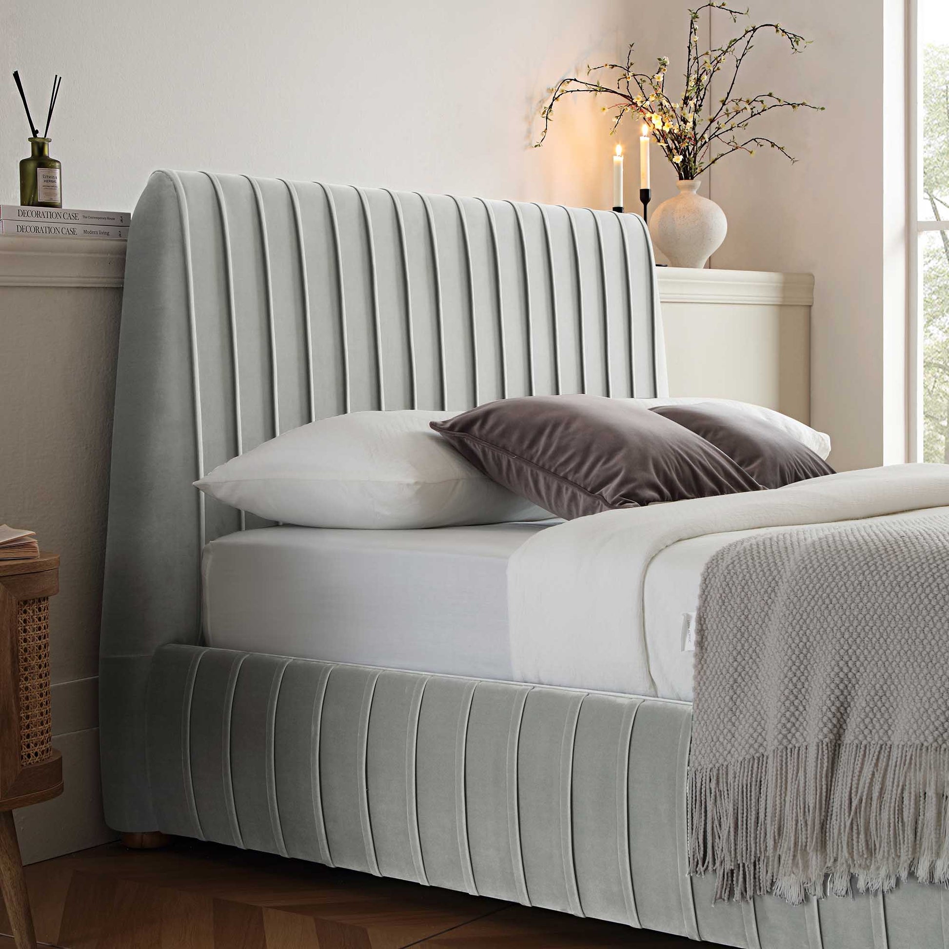Helia Pleated Ottoman Bed with Storage, Silver Grey Velvet
