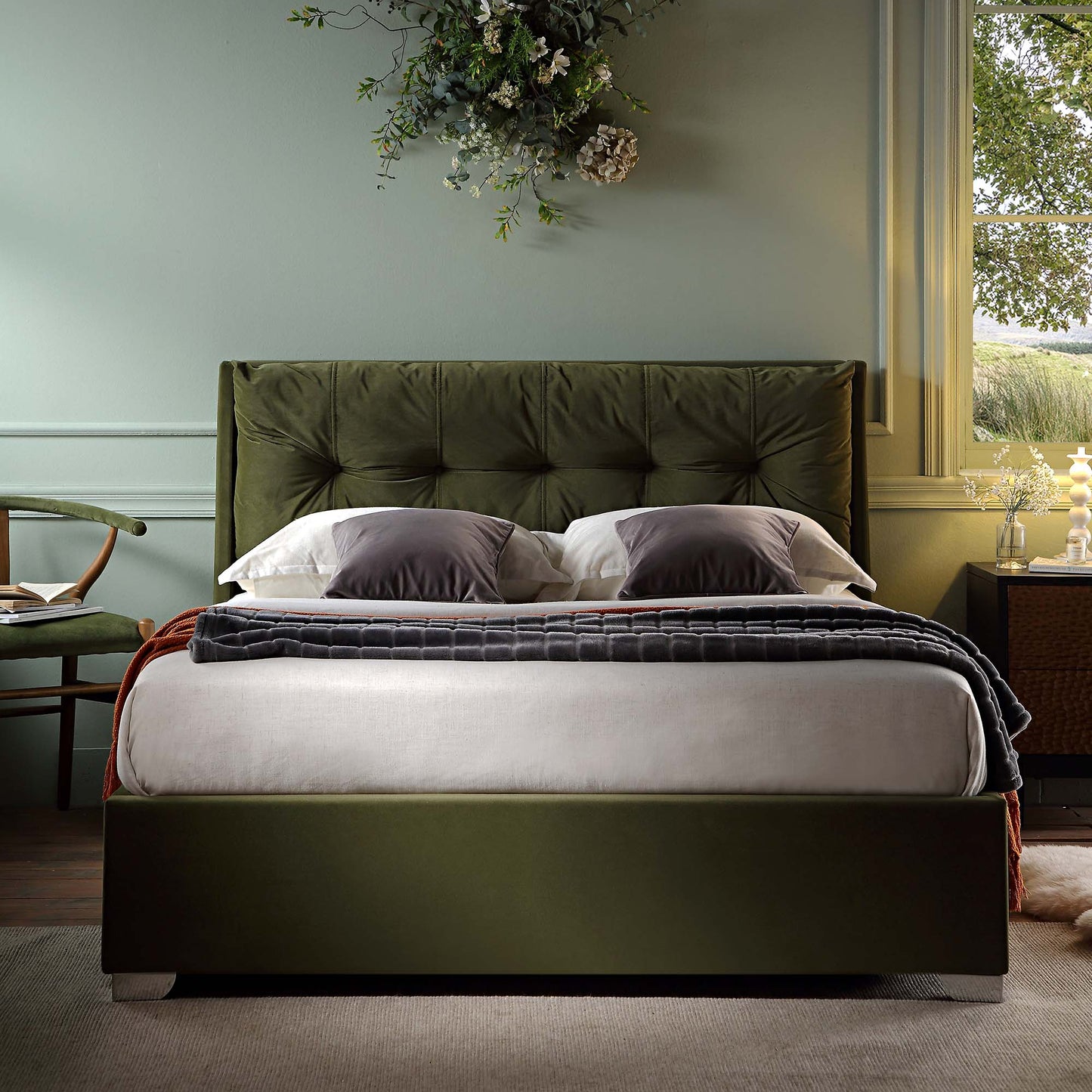 Hadley Moss Green Velvet Ottoman Bed with Storage