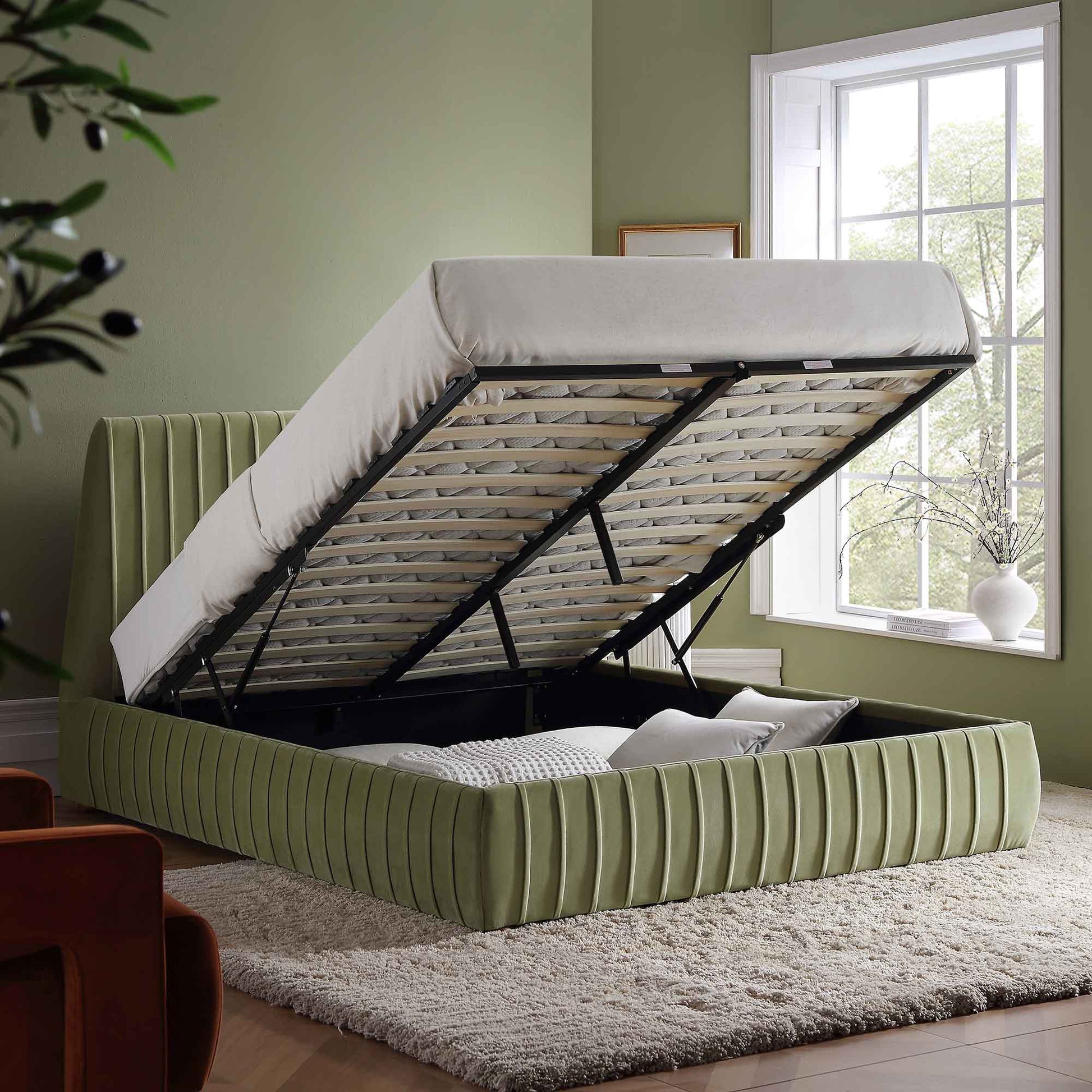 Helia Pleated Ottoman Bed with Storage, Lichen Velvet
