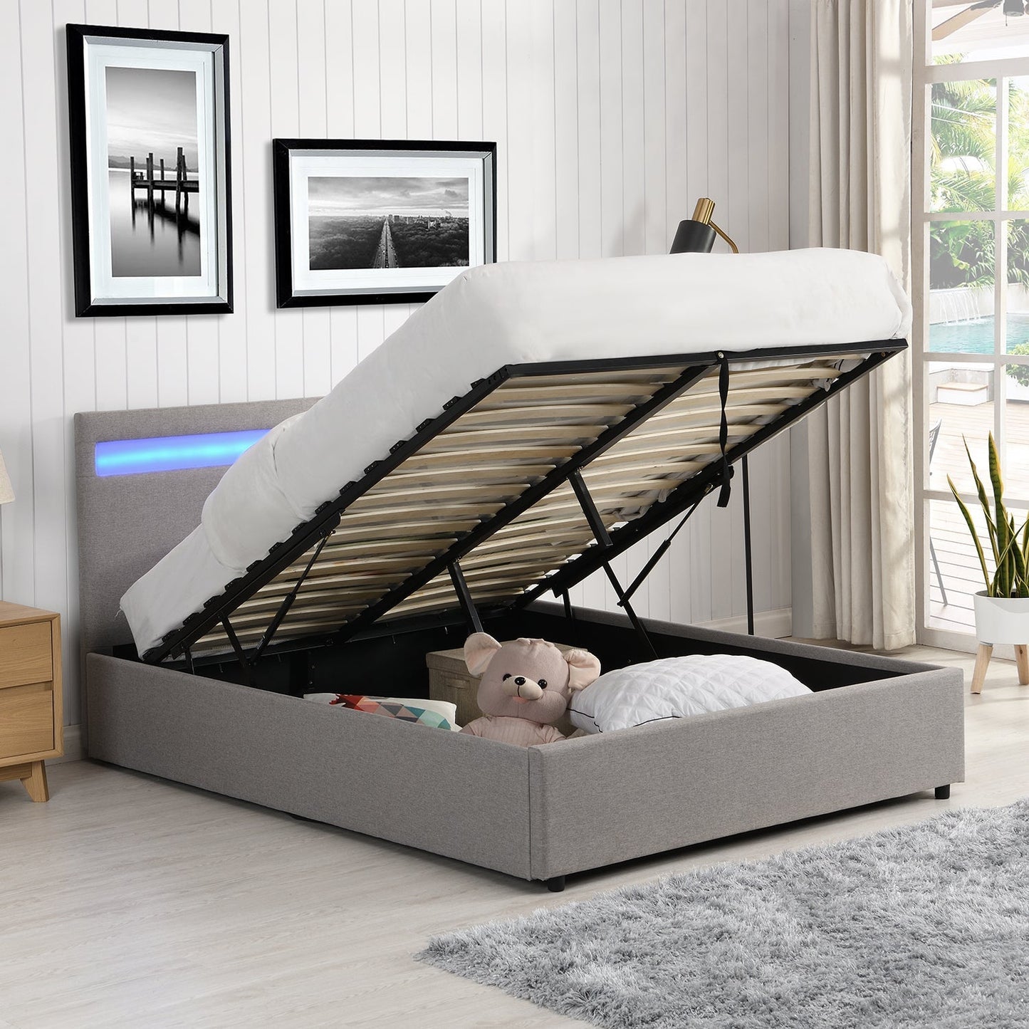 Pimlico End Opening Ottoman Bed with Storage Frame with Multi-colour LED Headboard (Grey Fabric)