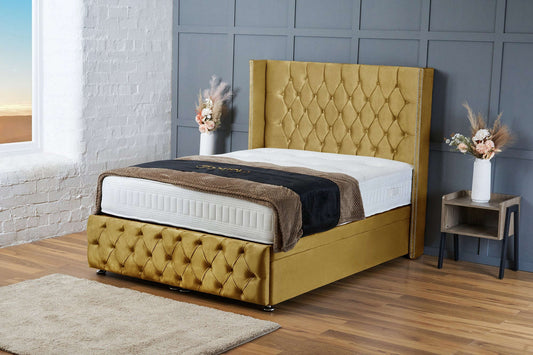 Mayfair Luxury Ottoman Bed with Storage with Headboard – Made to Order – Mustard Plush