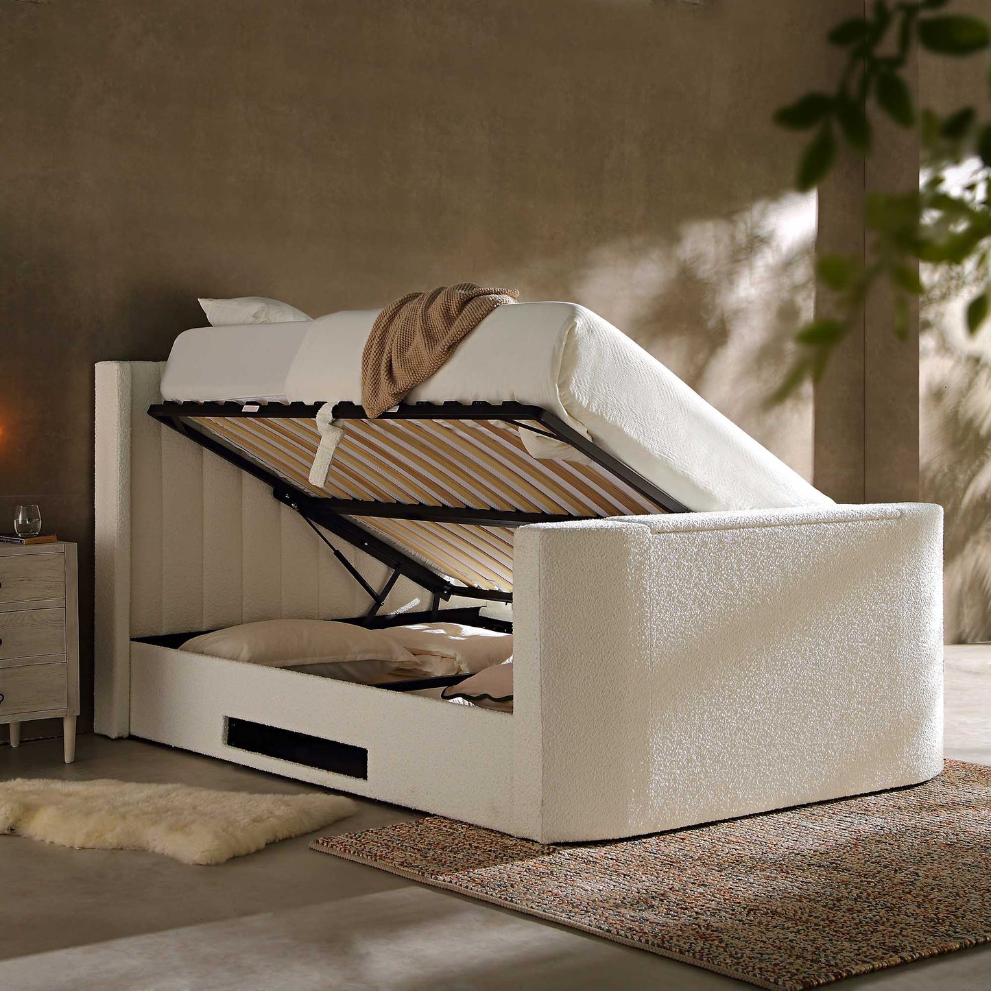 Wilton White Boucle TV Bed with Ottoman Storage