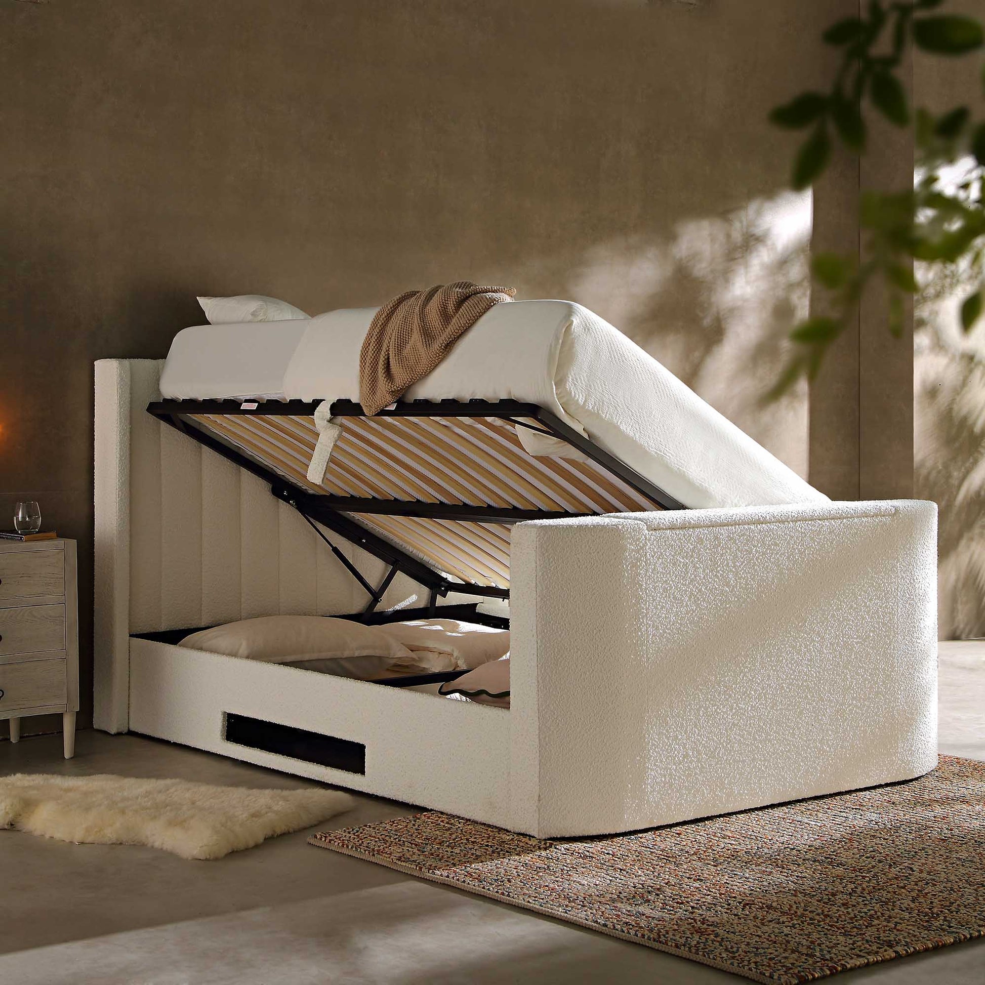 Wilton White Boucle TV Bed with Ottoman Storage