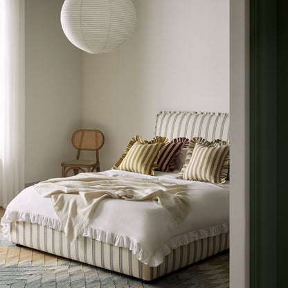 Celeste Upholstered Bed with Storage with Ruffled Headboard, Laurel Green Stripe