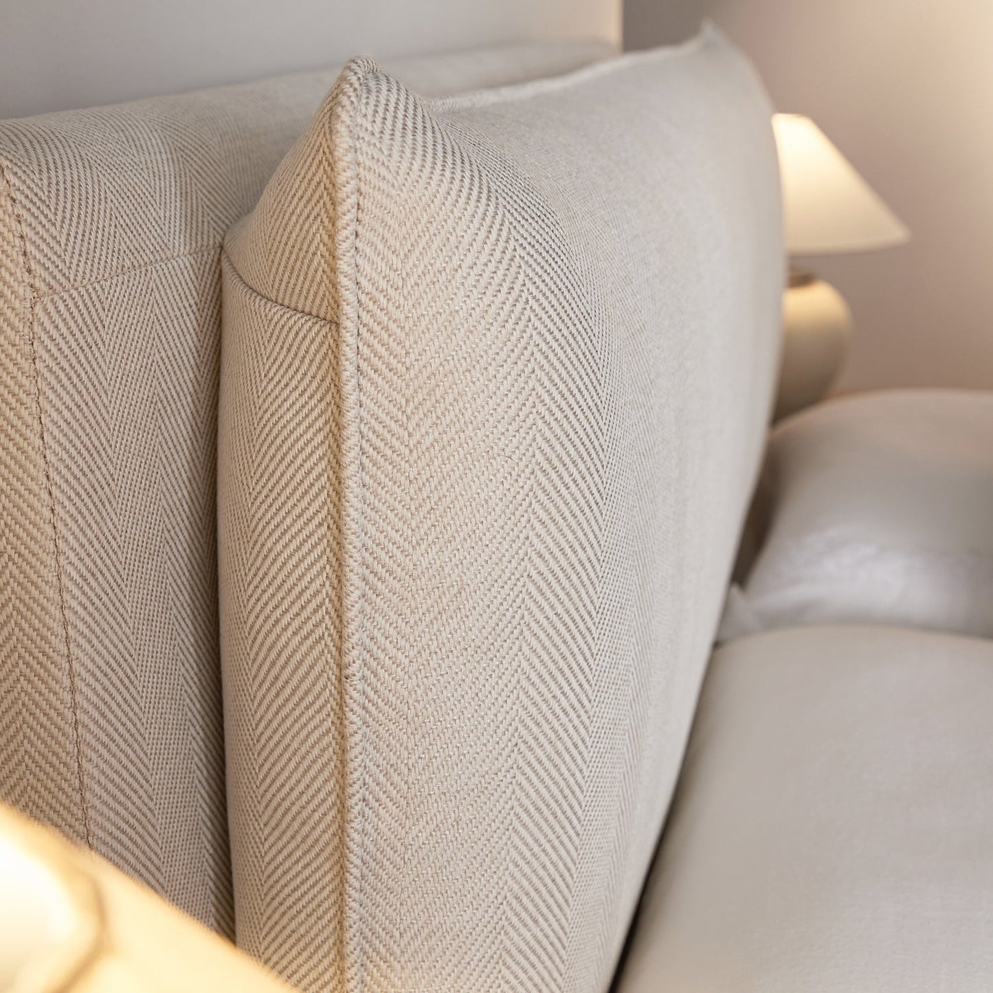 Kricia Upholstered Bed with Storage with Pillow Headboard, Oatmeal Chevron