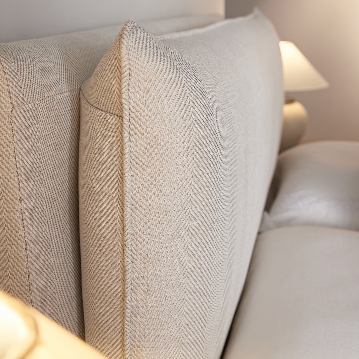 Kricia Upholstered Bed with Storage with Pillow Headboard, Oatmeal Chevron