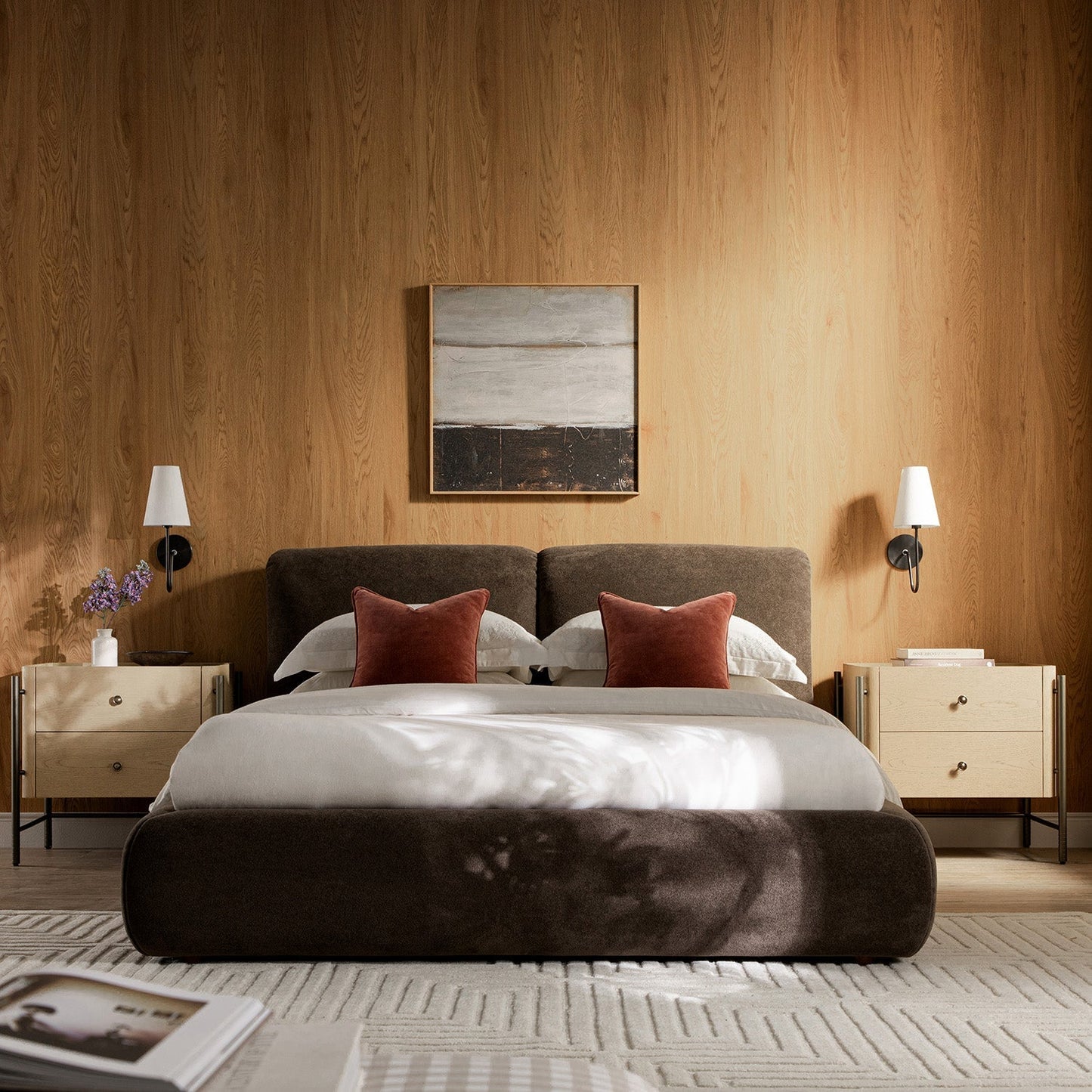Thera Pillow Headboard Upholstered Bed, Cocoa Chenille
