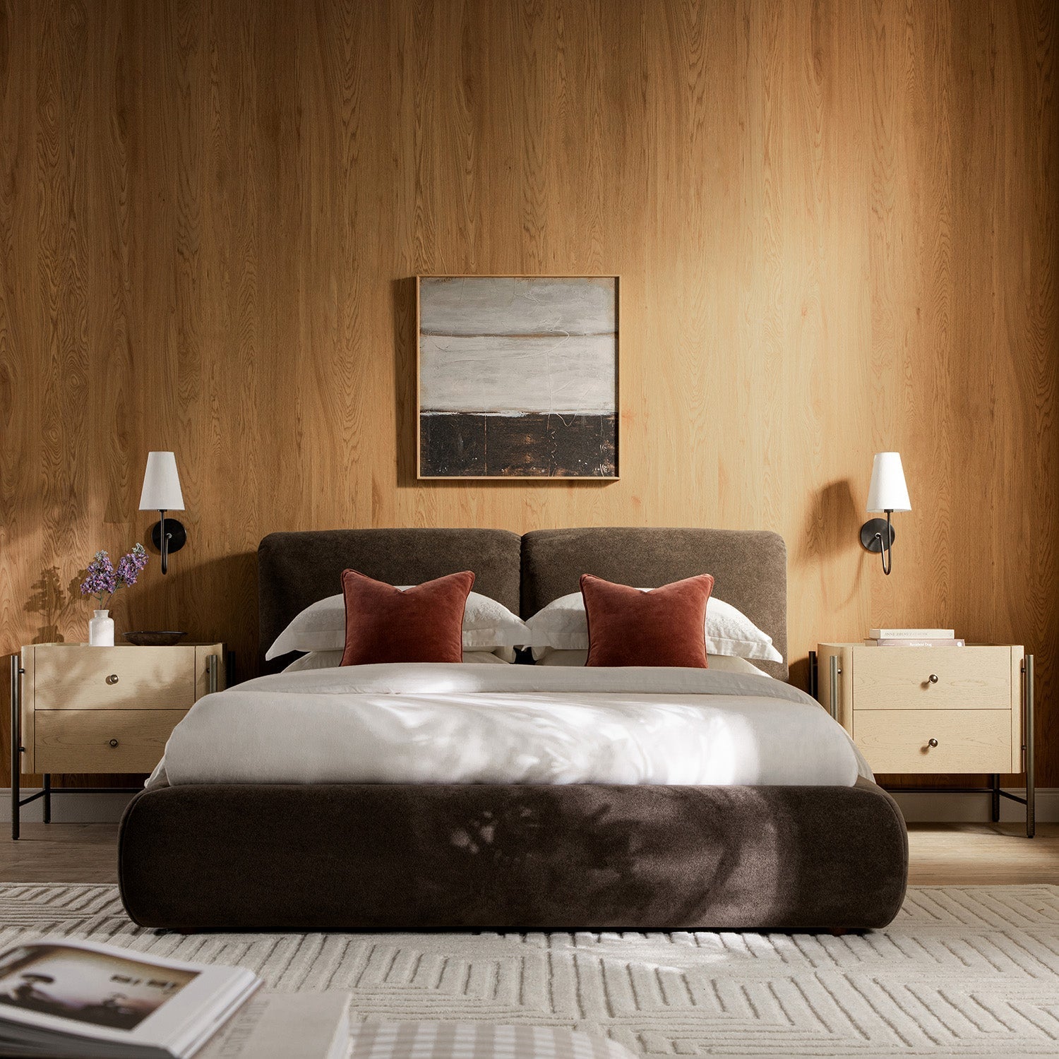 Thera Pillow Headboard Upholstered Bed, Cocoa Chenille