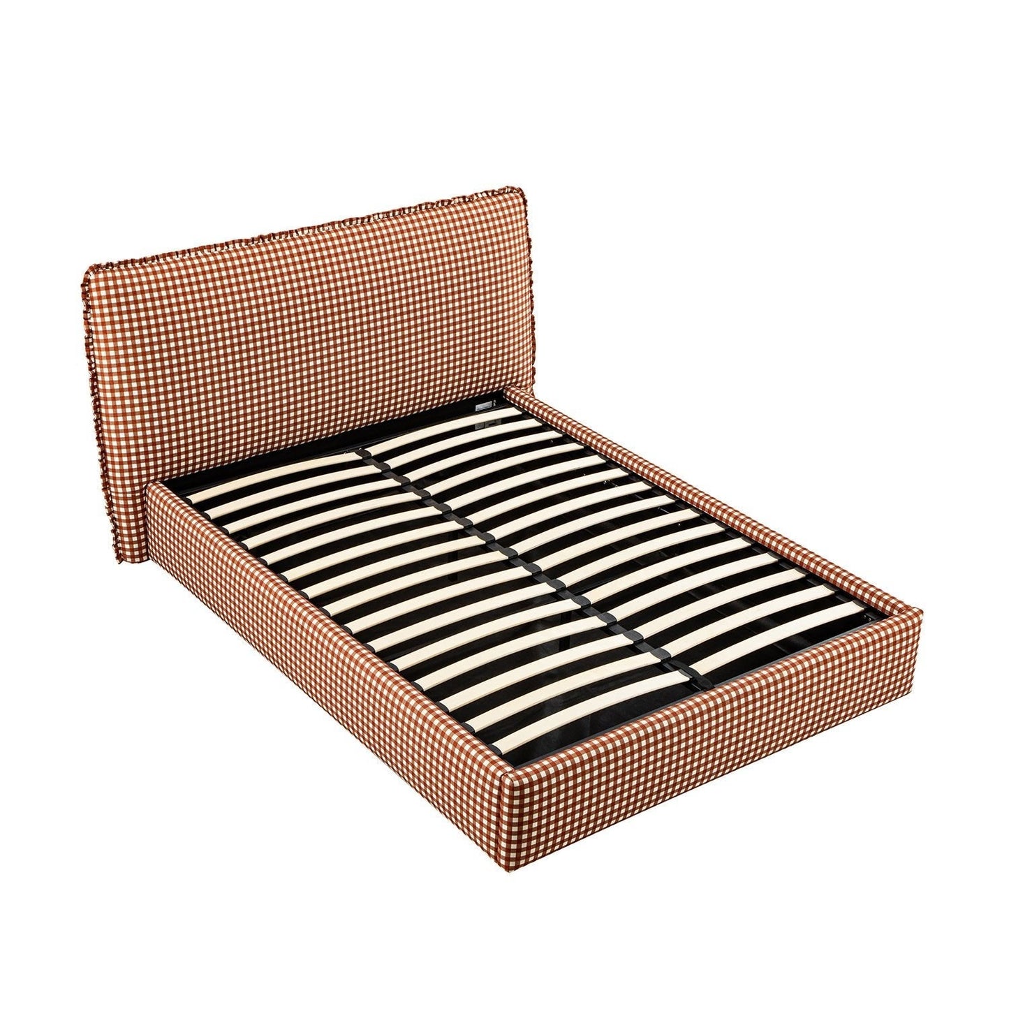 Celeste Upholstered Bed with Storage with Ruffled Headboard, Brick Gingham