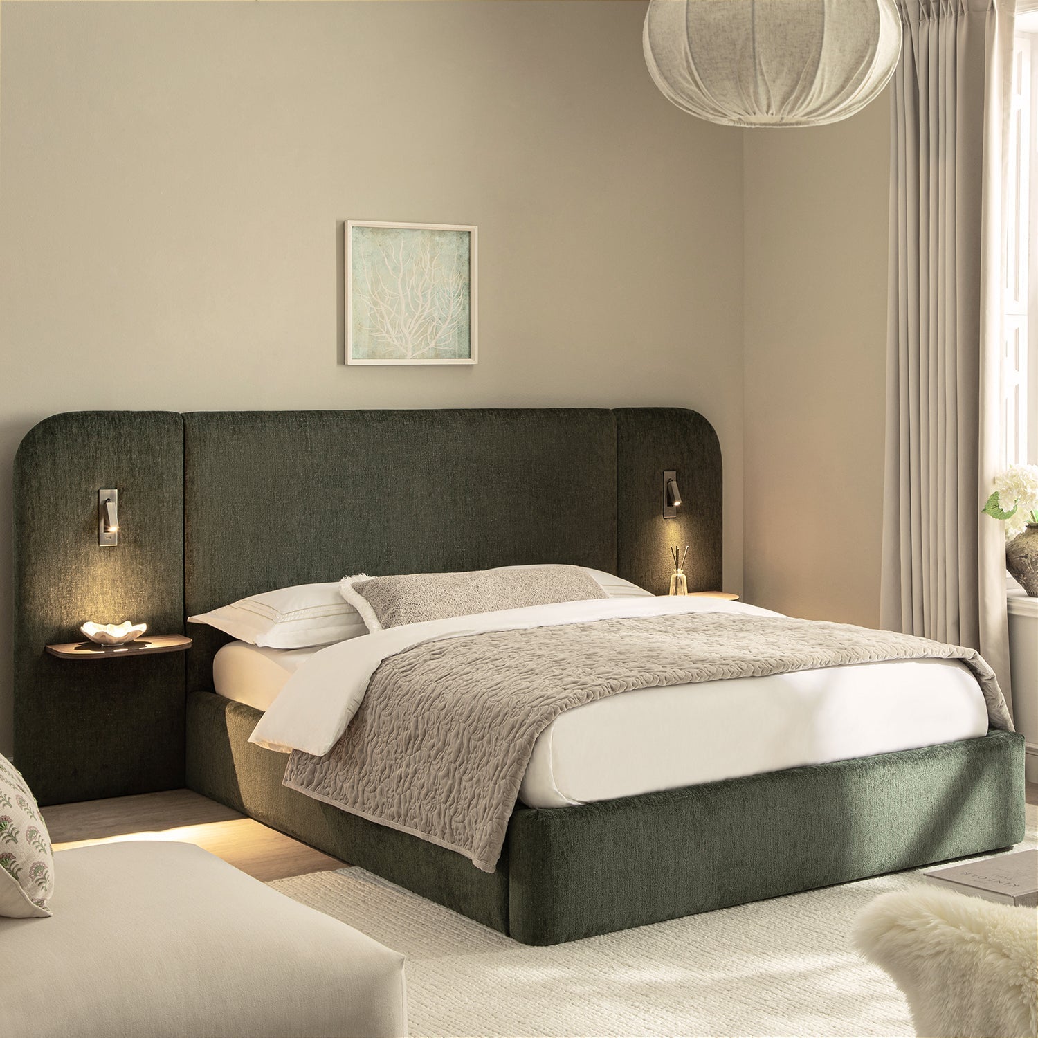 Della Extended Headboard Bed with Storage, Moss Green Chenille