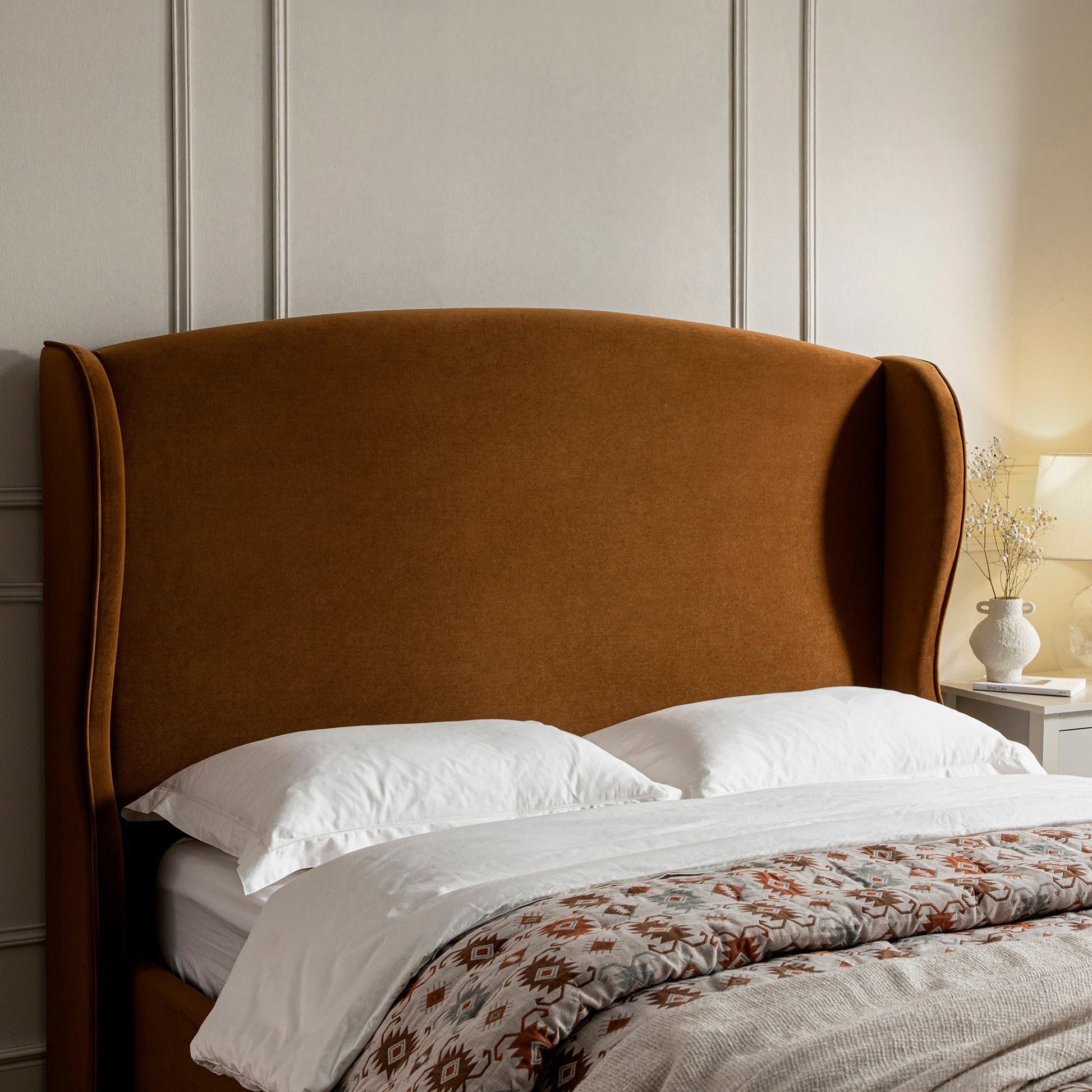 Kimberly Winged Upholstered Bed with Storage, Cinnamon Velvet