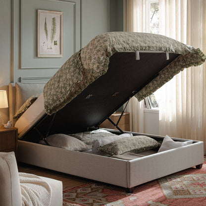 Kricia Upholstered Bed with Storage with Pillow Headboard, Slate Blue Chevron
