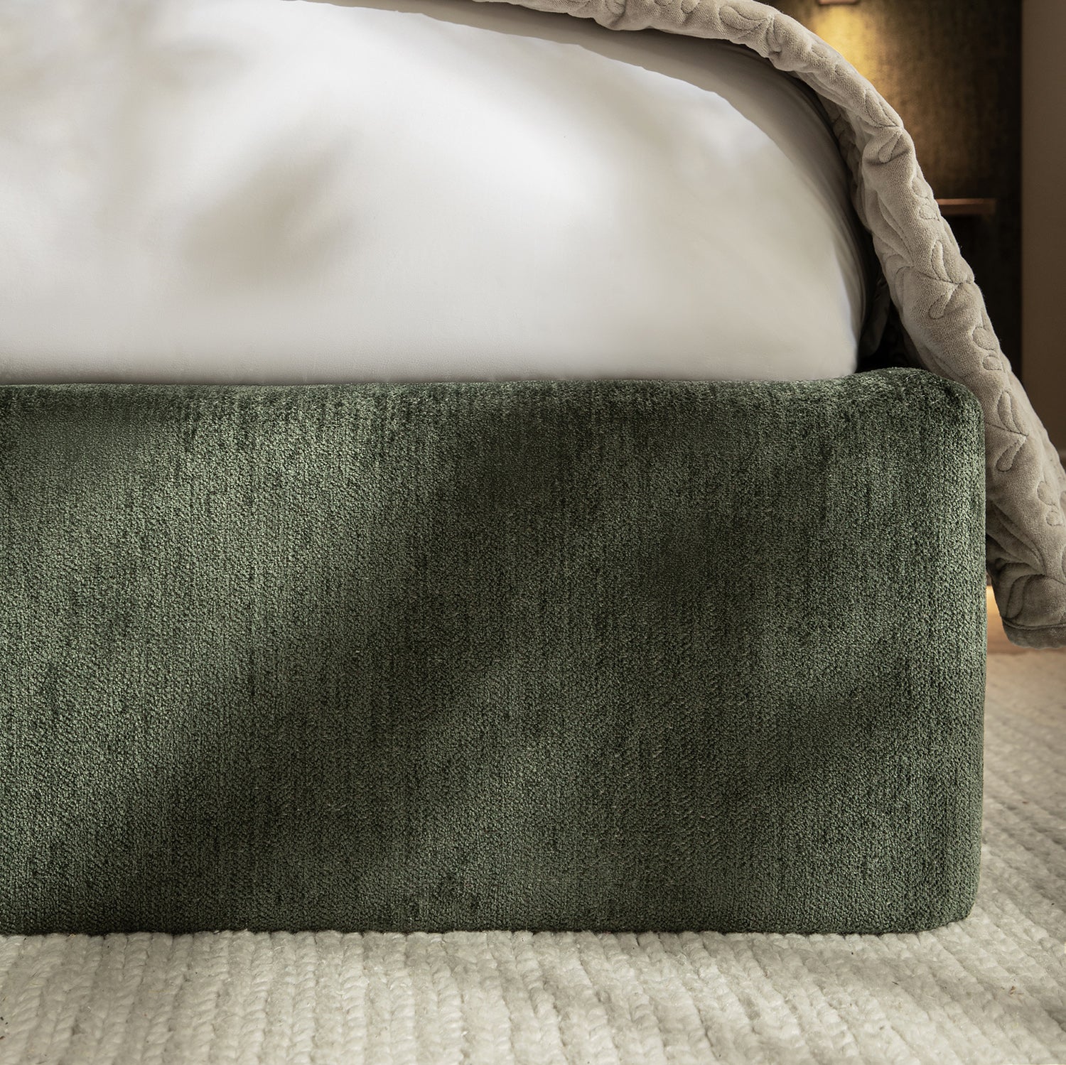 Della Extended Headboard Bed with Storage, Moss Green Chenille