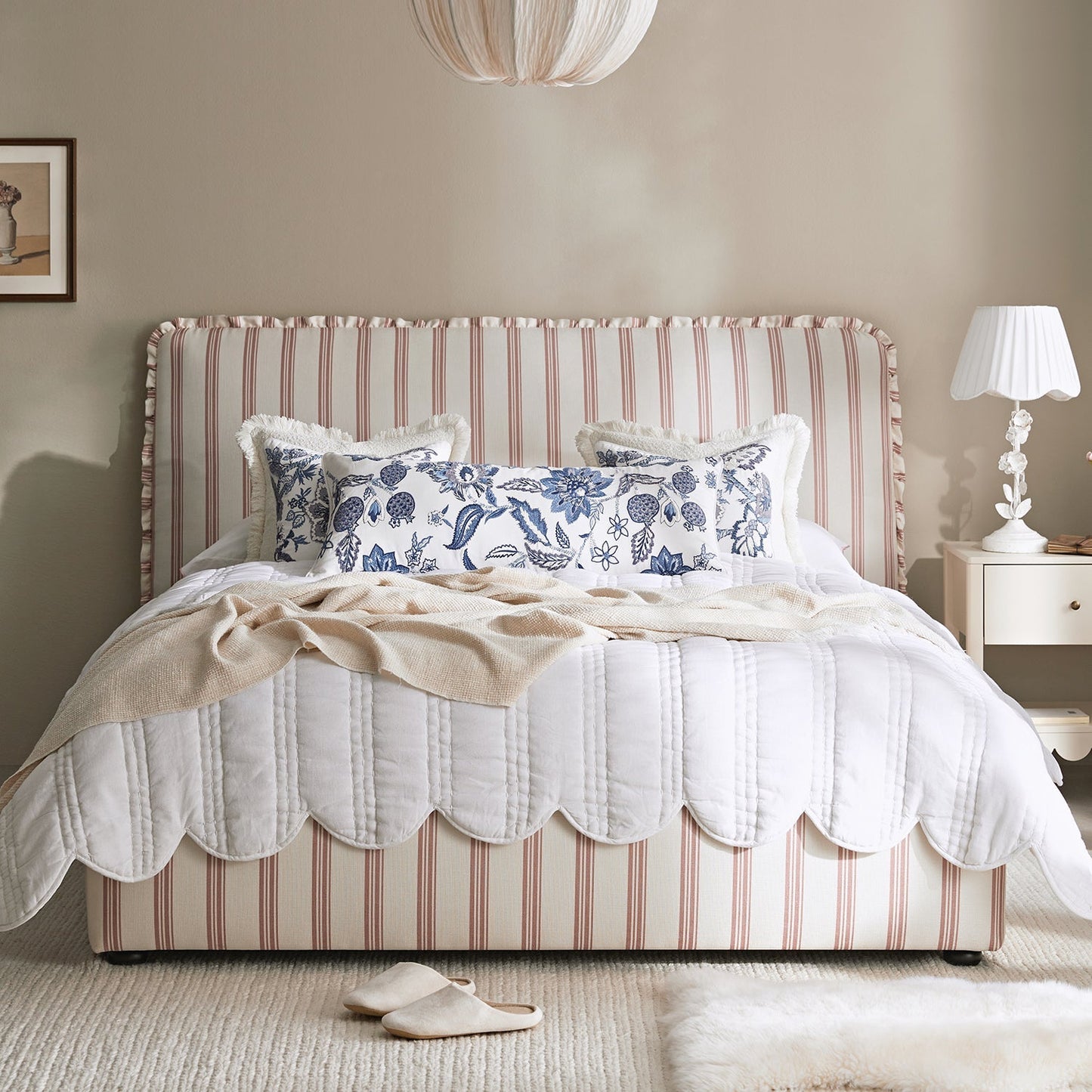Celeste Upholstered Bed with Storage with Ruffled Headboard, Peony Red Stripe