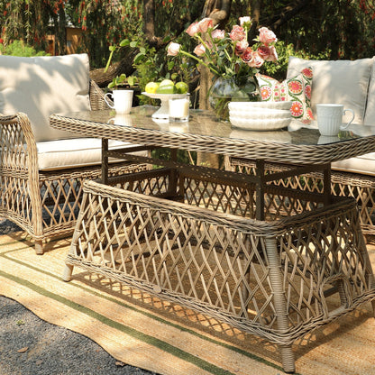 Willowbrook Lattice Weave Rattan 5-Seater Outdoor Sofa Set with Rising Table, Natural