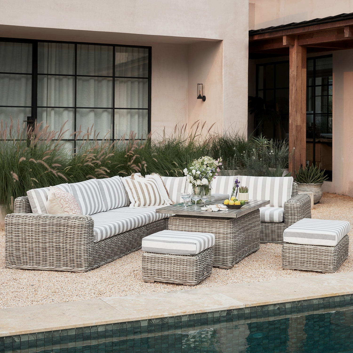 Bellagio Round Wicker Large Corner Casual Dining Set with Rising Firepit Table, Light Grey with Taupe Stripes