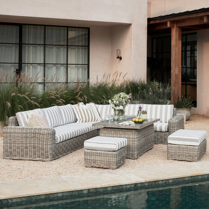 Bellagio Round Wicker Large Corner Casual Dining Set with Rising Firepit Table, Light Grey with Taupe Stripes