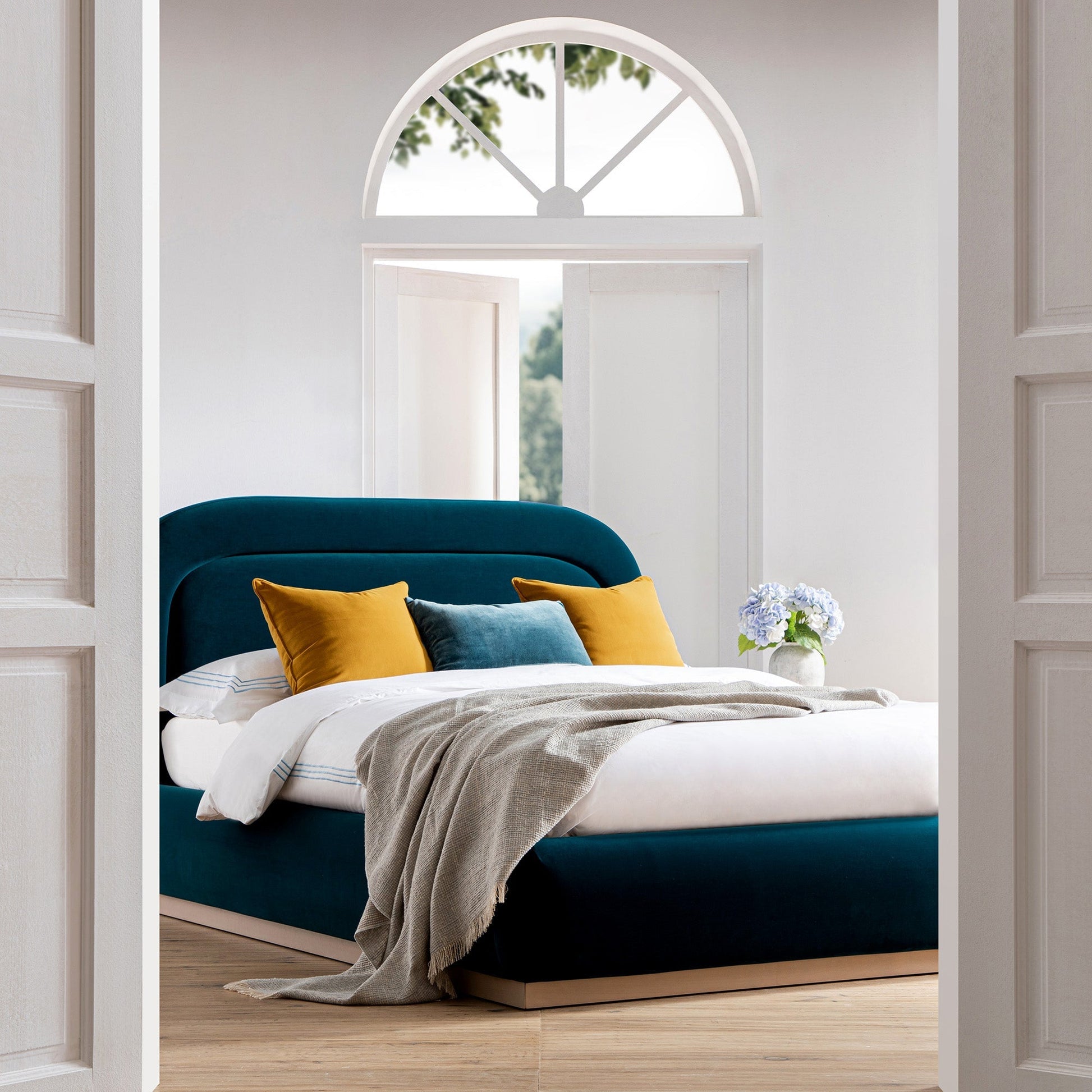 Luella Upholstered Wooden Plinth Base Bed with Storage, Teal Velvet