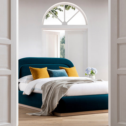 Luella Upholstered Wooden Plinth Base Bed with Storage, Teal Velvet