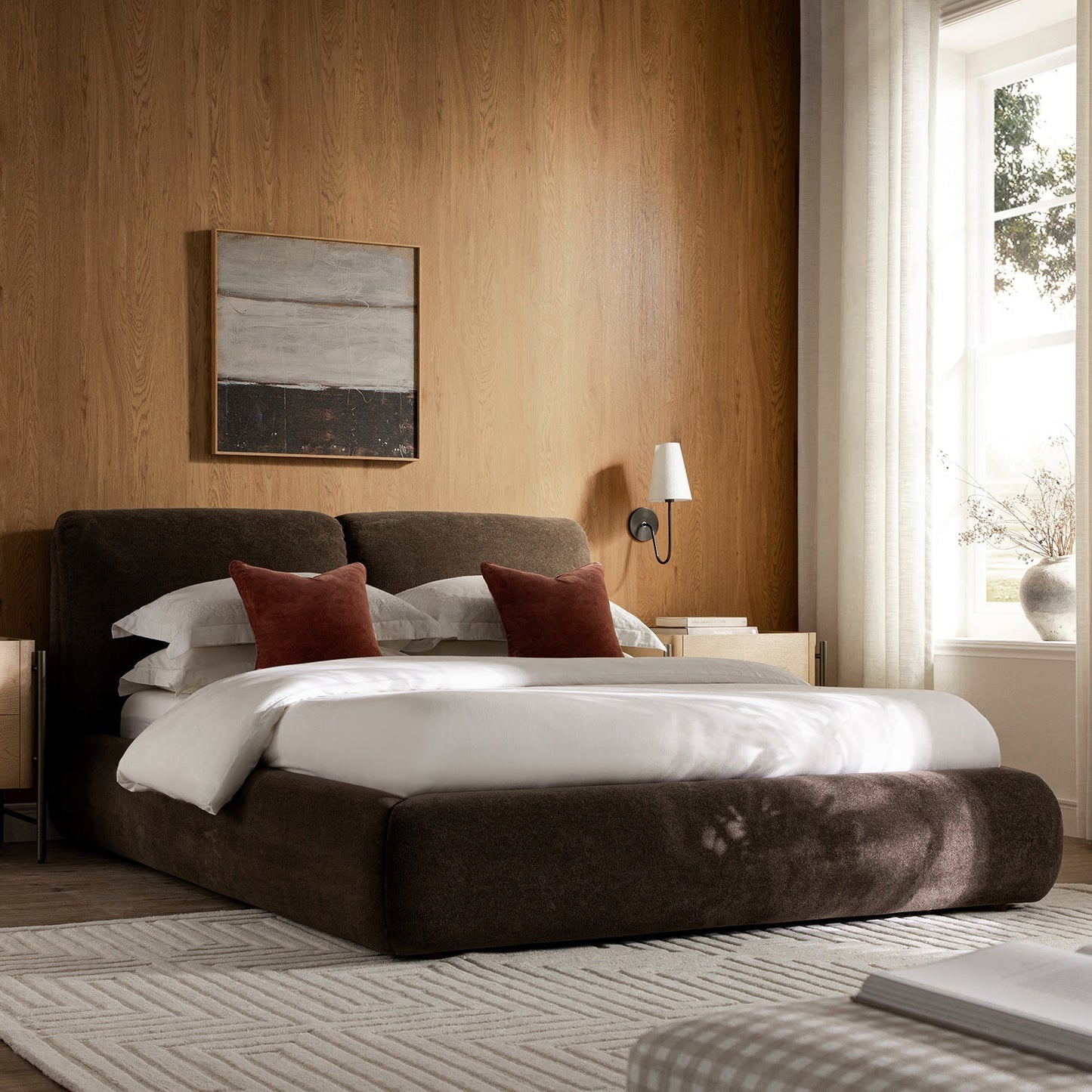 Thera Pillow Headboard Upholstered Bed, Cocoa Chenille