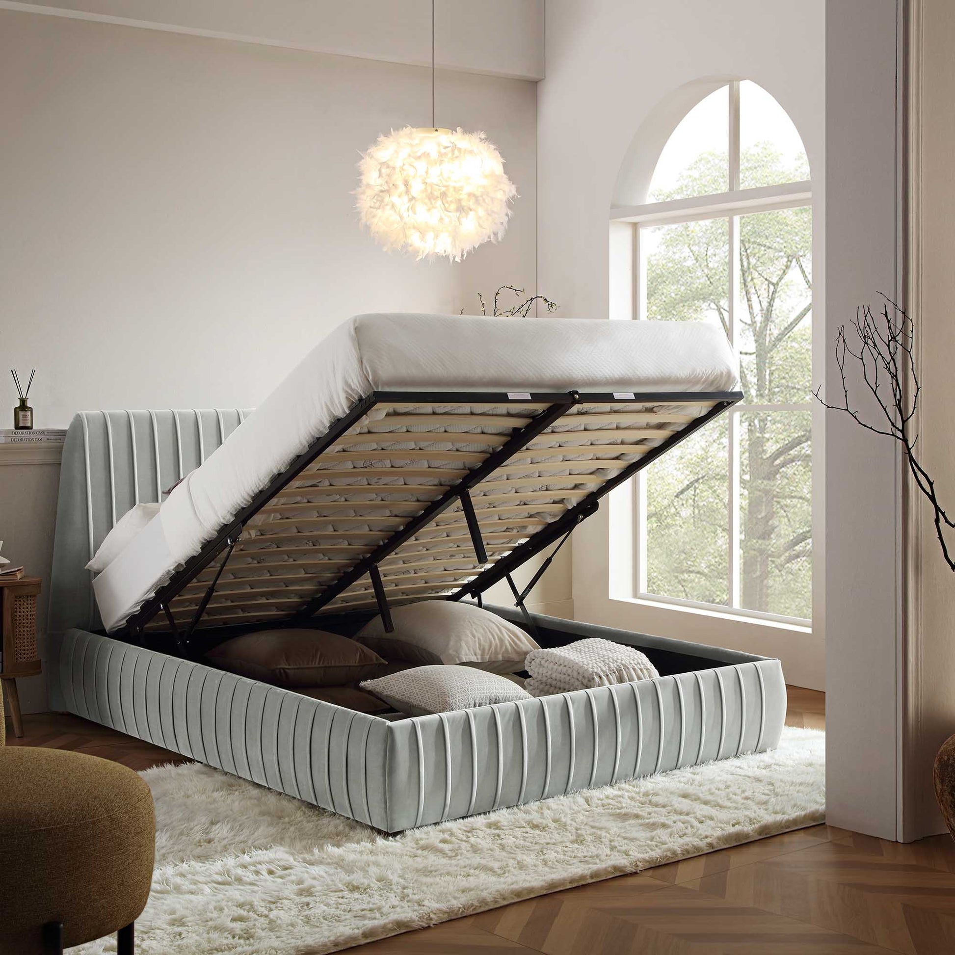 Helia Pleated Ottoman Bed with Storage, Silver Grey Velvet