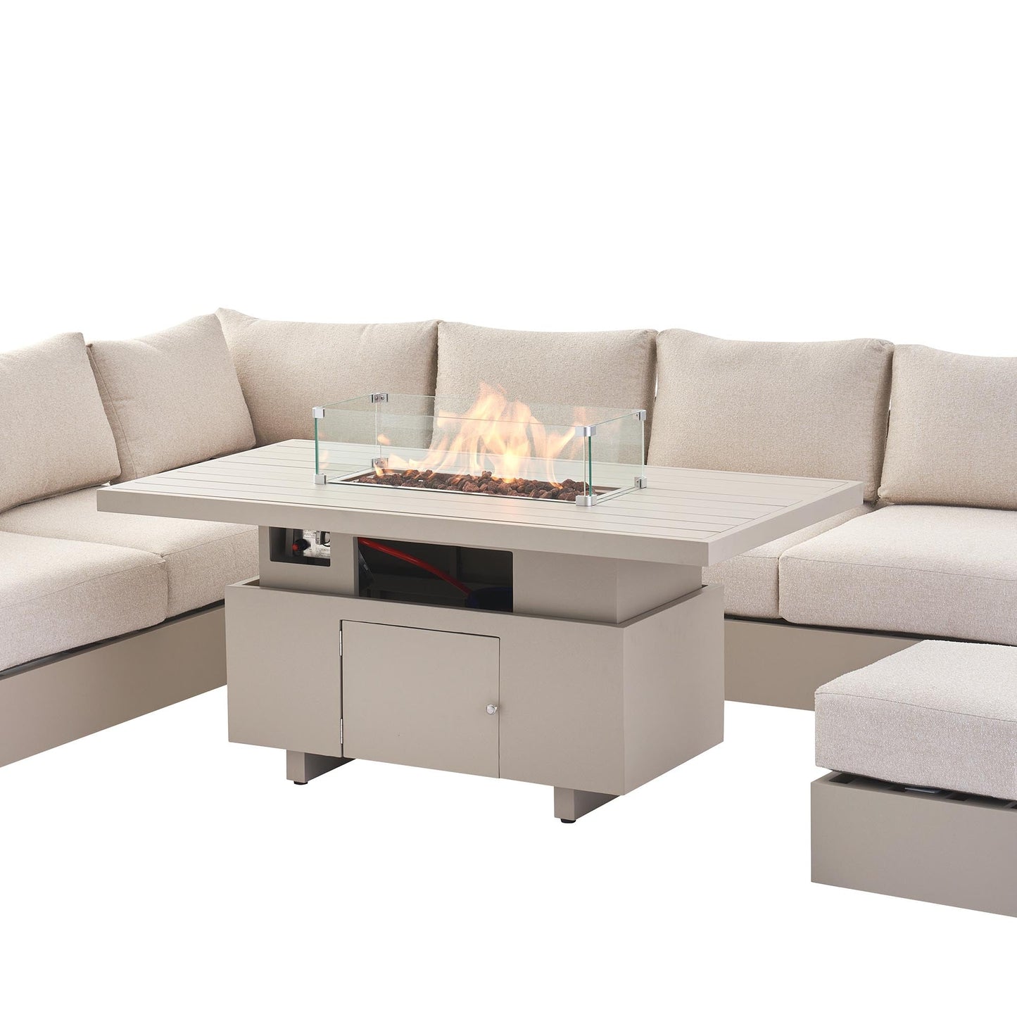 Jardin Aluminium Large Corner Casual Garden Dining Set with Rising Firepit Table, Pumice