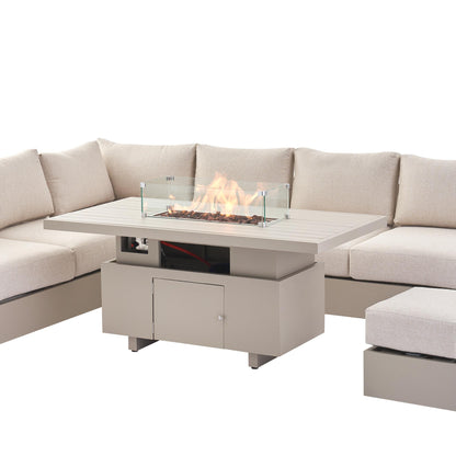Jardin Aluminium Large Corner Casual Garden Dining Set with Rising Firepit Table, Pumice
