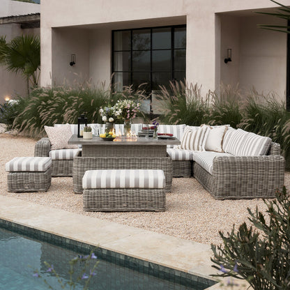 Bellagio Round Wicker Large Corner Casual Dining Set with Rising Firepit Table, Light Grey with Taupe Stripes