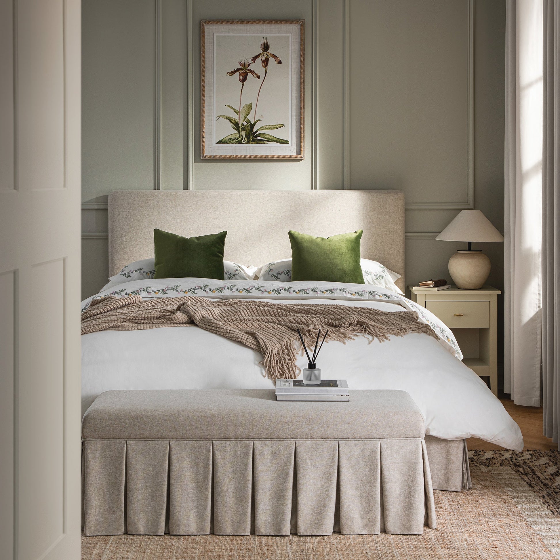 Egerton Box-Pleat Ottoman Bed with Storage, Oatmeal Brushed Fabric