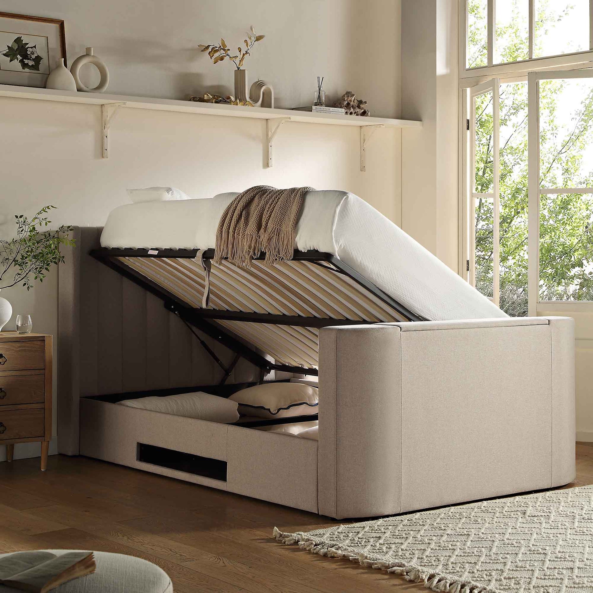 Wilton Warm Stone Fabric TV Bed with Ottoman Storage