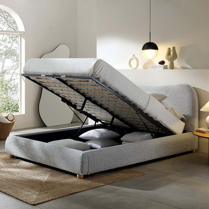 Egerie Curved Headboard Mist Grey Boucle Ottoman Bed with Storage