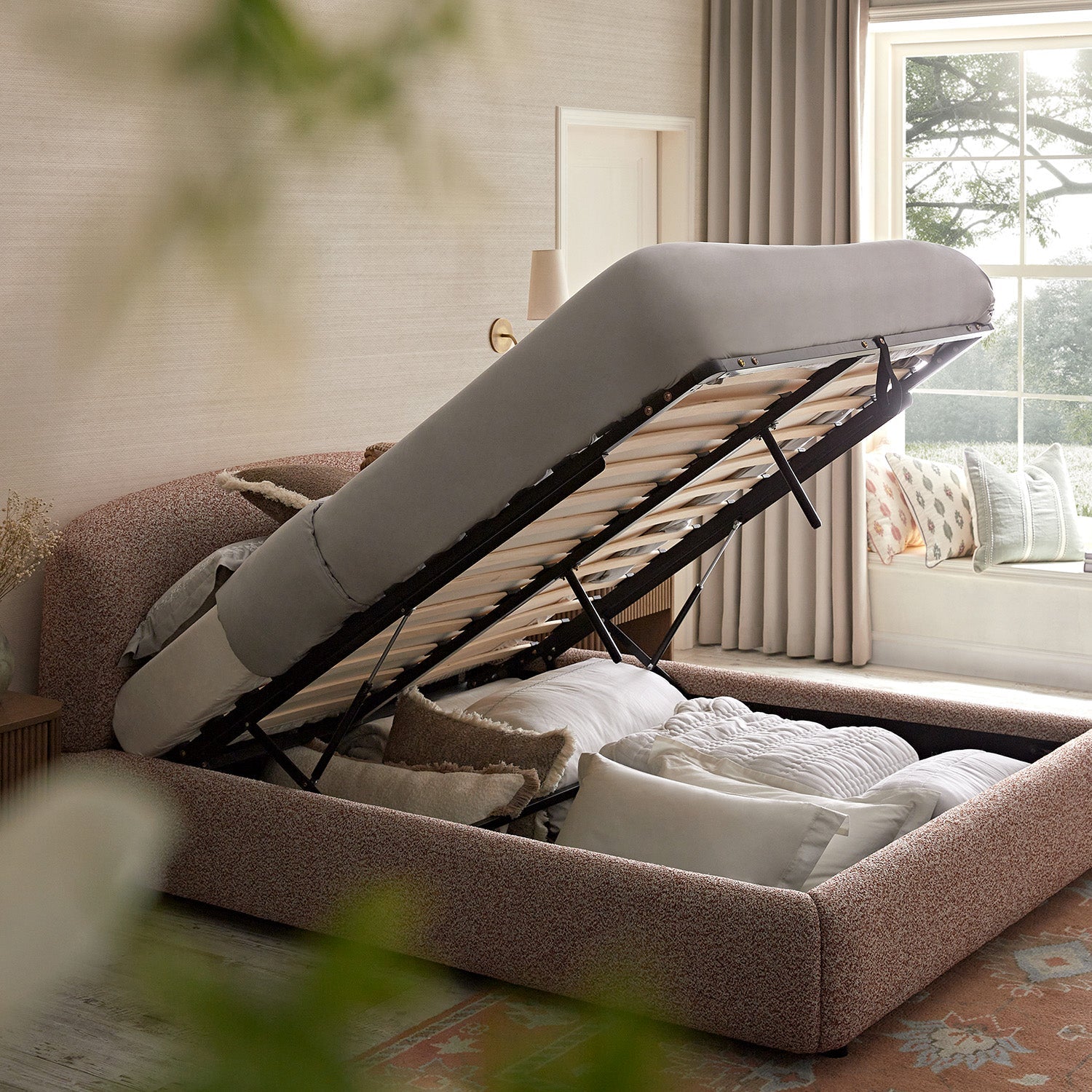 Constance Winged Headboard Ottoman Bed with Storage, Musk Blush Boucle