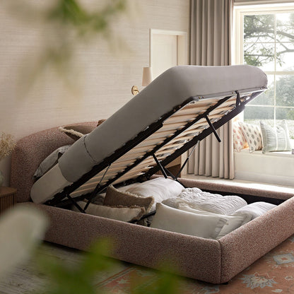 Constance Winged Headboard Ottoman Bed with Storage, Musk Blush Boucle