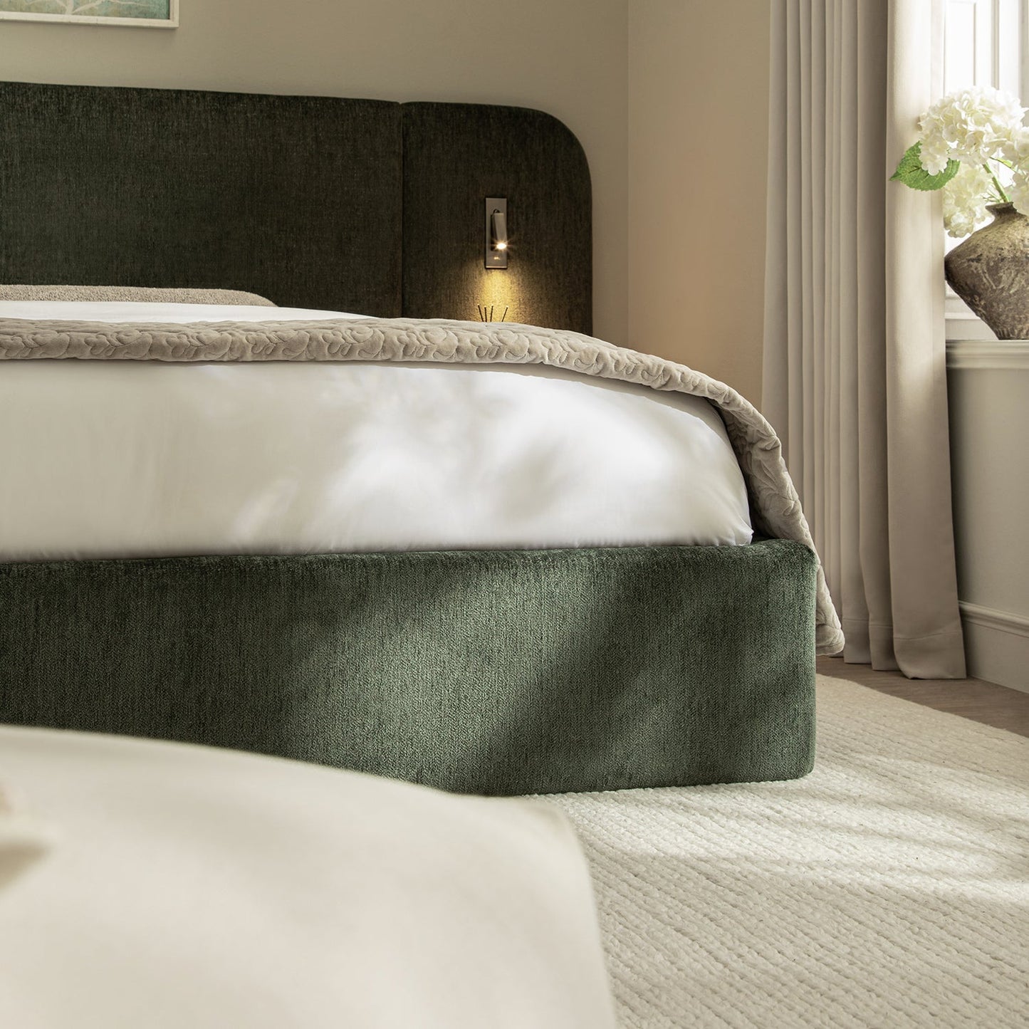 Della Extended Headboard Bed with Storage, Moss Green Chenille