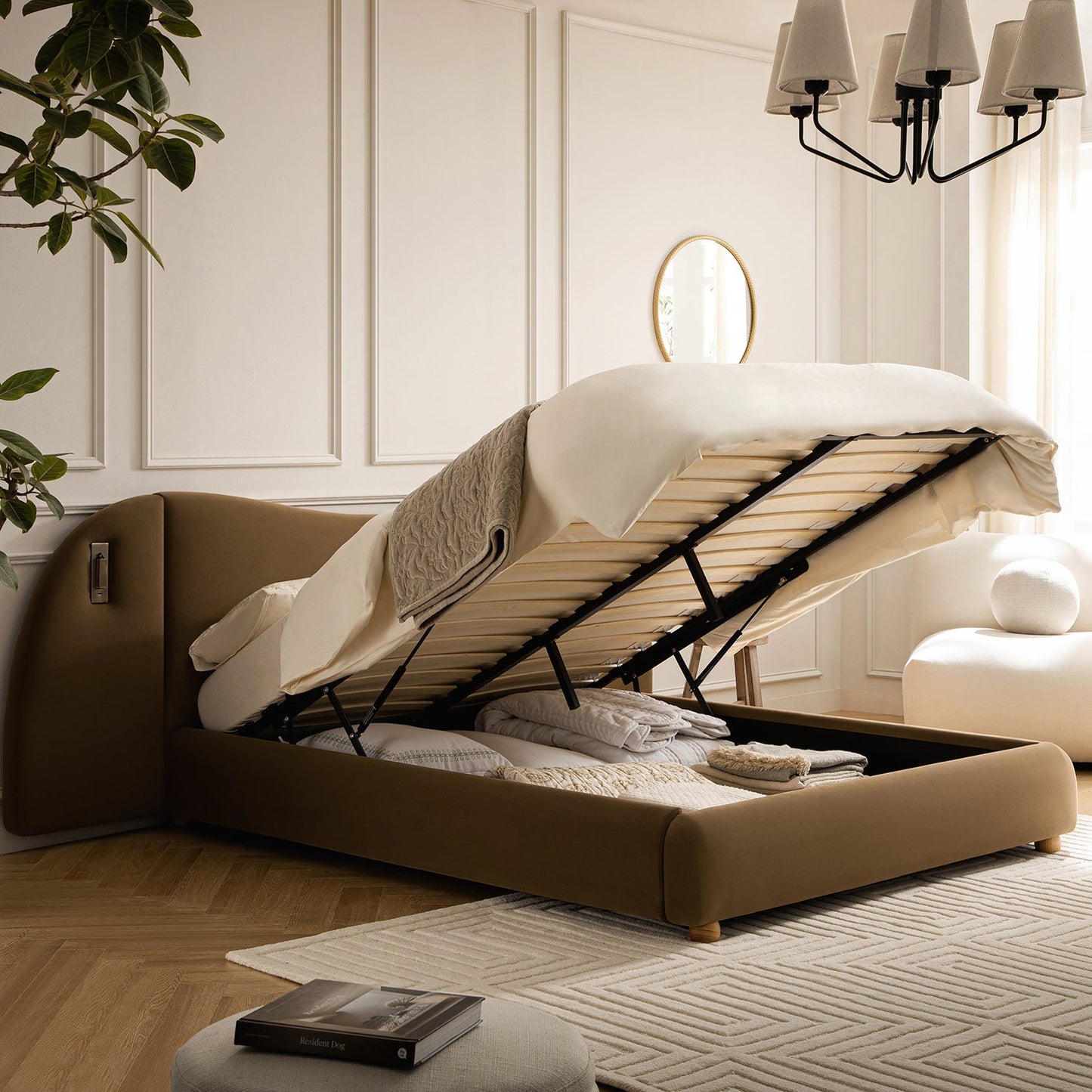 Egerie Extended Headboard Ottoman Bed with Storage, Hazel Velvet