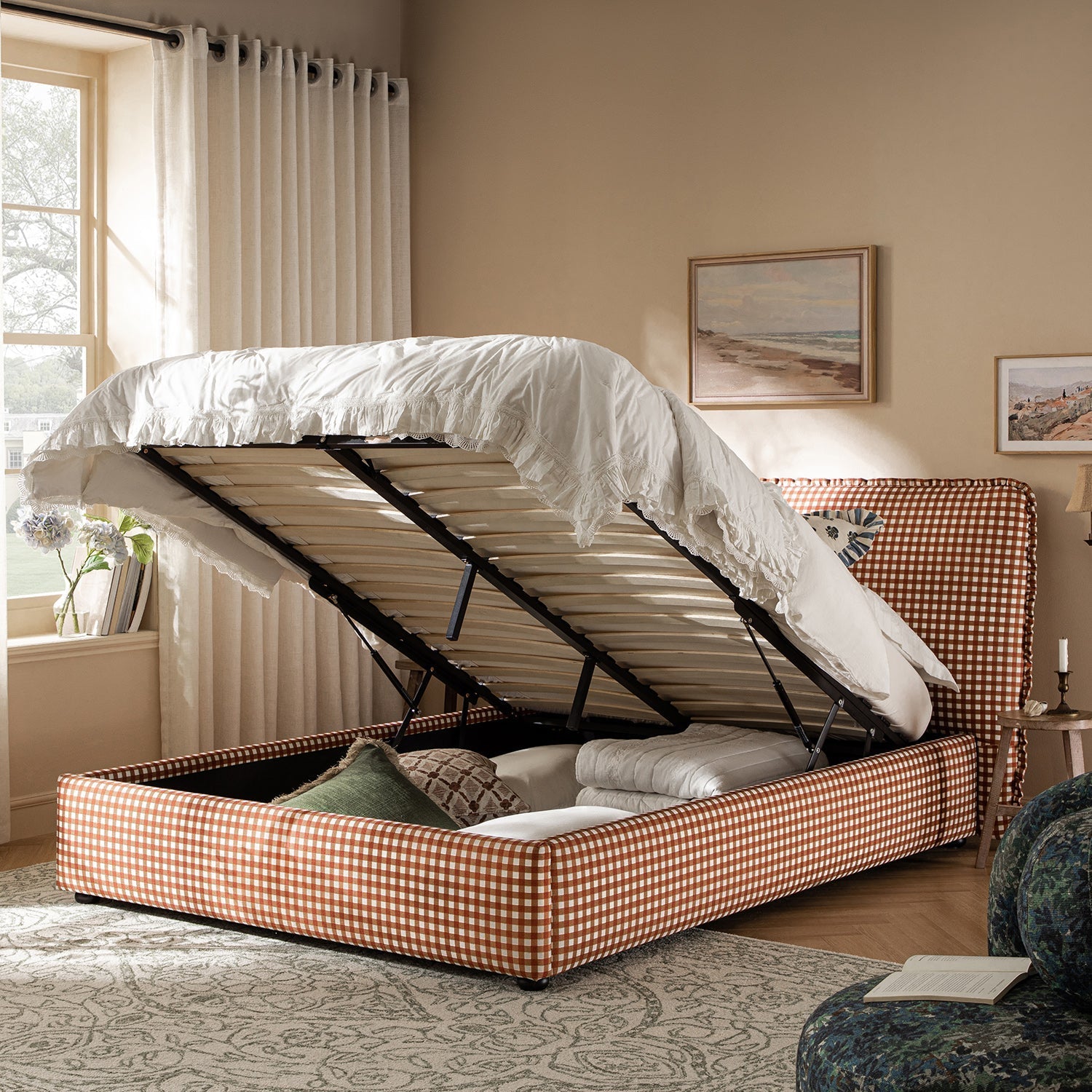 Celeste Upholstered Bed with Storage with Ruffled Headboard, Brick Gingham