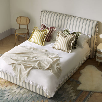 Celeste Upholstered Bed with Storage with Ruffled Headboard, Laurel Green Stripe